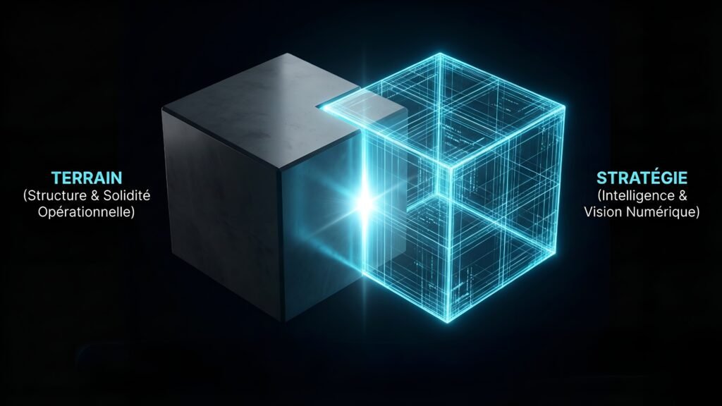 Deux cubes s'interpénétrant illustrant l'alliance entre solidité opérationnelle terrain et structuration stratégique de la croissance.