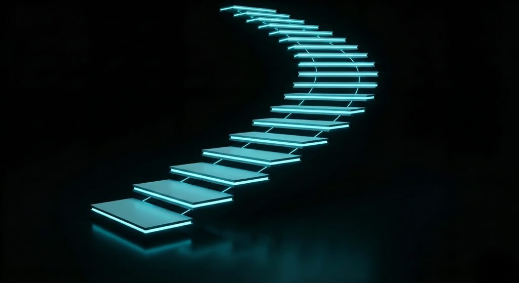 Escalier lumineux représentant les étapes progressives du cadre d'intervention stratégique.