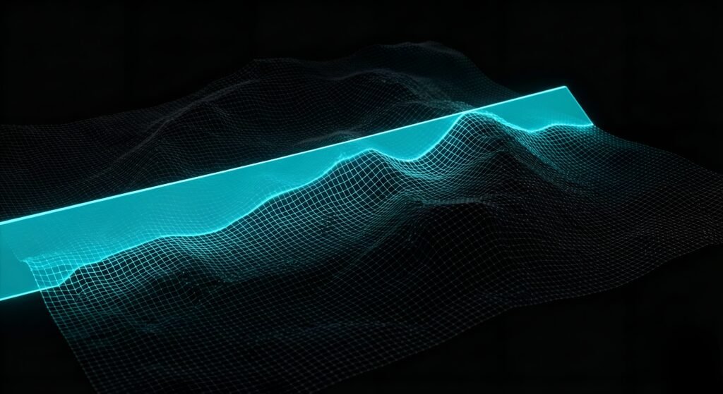 Surface en maillage analysée par un faisceau de scan illustrant une analyse approfondie et fiabilisée par l’IA.