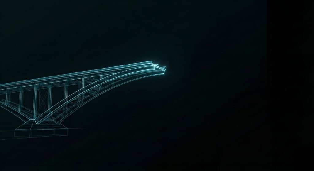 Pont interrompu en wireframe illustrant la rupture entre stratégie théorique et réalité frictionnelle du terrain.