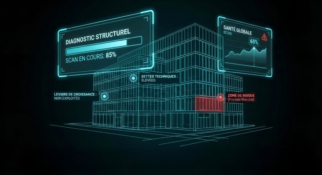 Bâtiment analysé par un diagnostic structurel affichant indicateurs de risques et leviers de croissance.