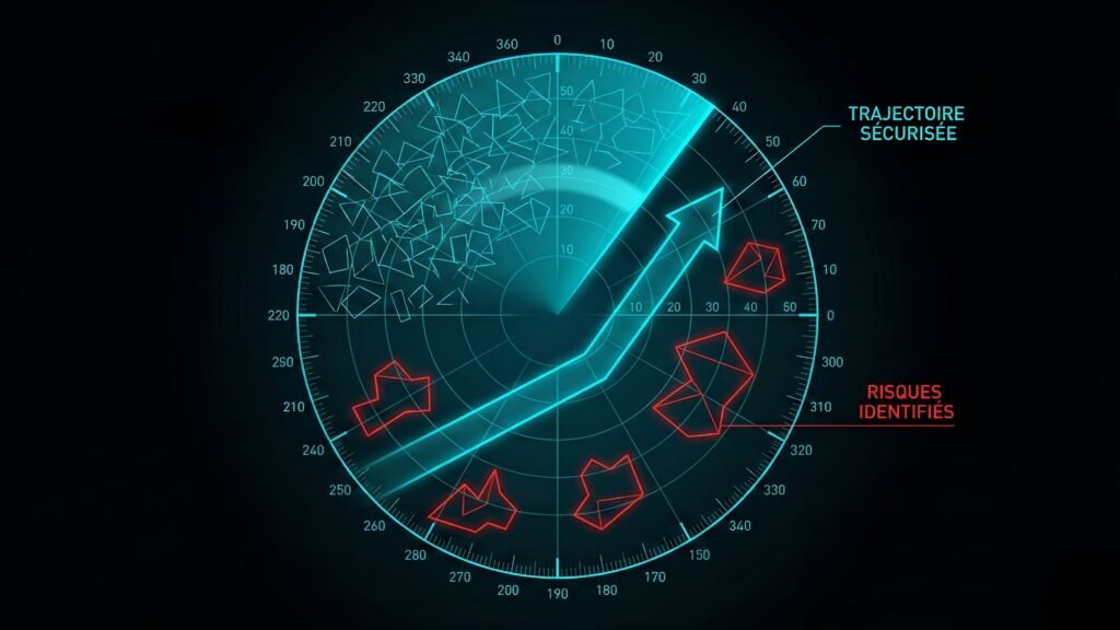 Radar stratégique affichant une trajectoire projetée et des zones de risques identifiées.
