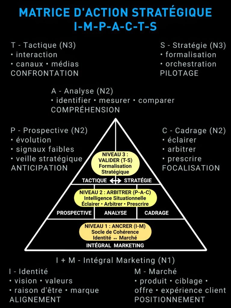 Matrice I-M-P-A-C-T-S | Méthodologie Infographie de la matrice I-M-P-A-C-T-S en pyramide, structurée en trois niveaux : ancrer, décider, agir.